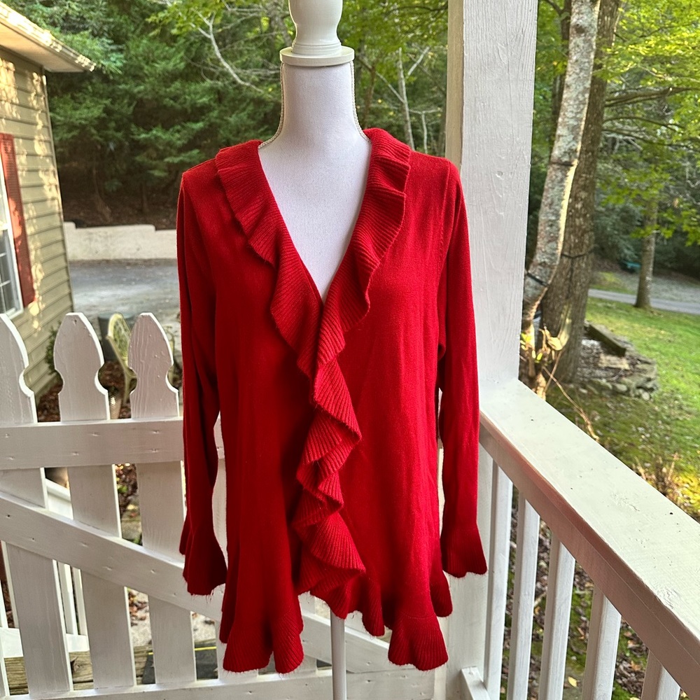 Roaman’s Soft Red Ruffled Cardigan L FREE SHIP